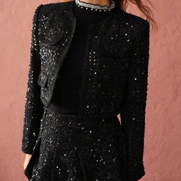 Black Party Women's Romantic Elegant Sequin Cropped Sparkling Tweed Jacket - Picture 5 of 9